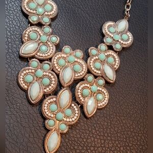 Boho Ethnic Linked Bib/Plate Necklace Acrylic Gems On Bronze Tone 17"+3"ext